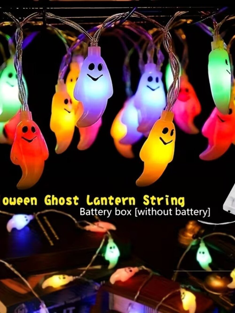Set of 10 LED Gothic Halloween Multi Color Smiling Ghosts Battery Powered